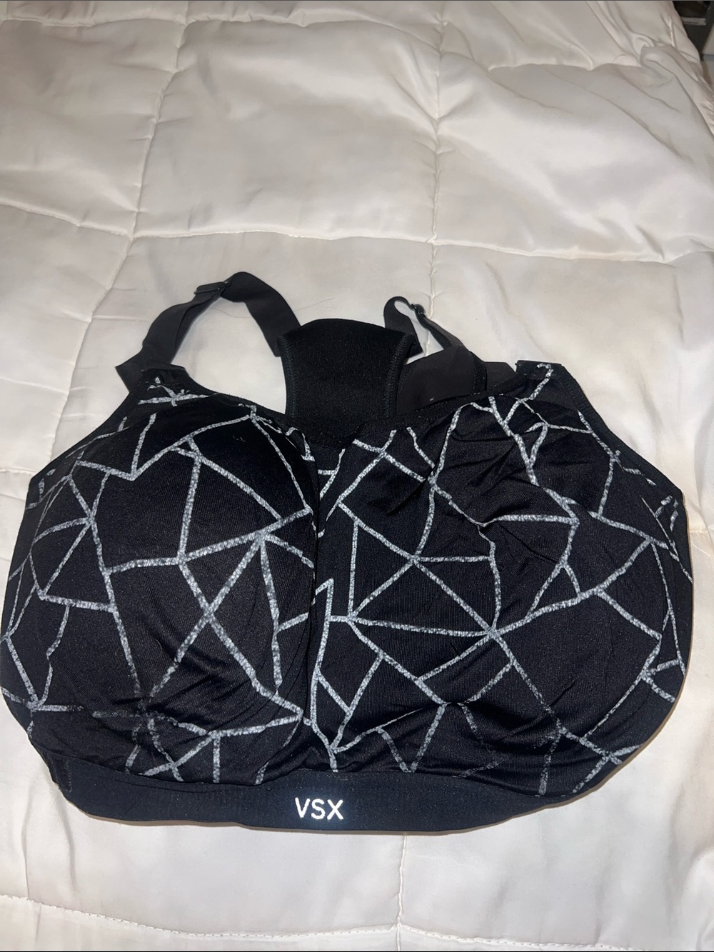 VSX Black Sports Bra with Silver Geometric Print